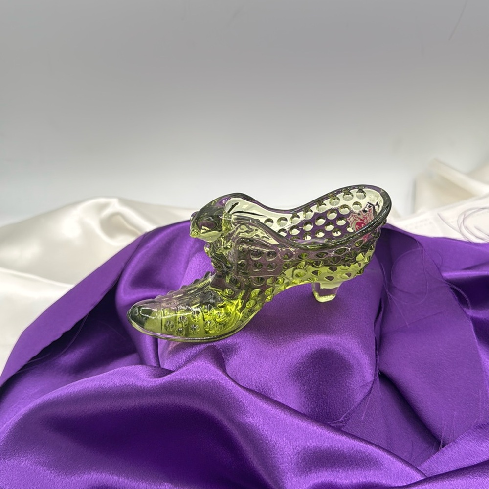 Fenton Colonial Green Hobnail Cat Head Glass Shoe Slipper Trinket Dish Vase